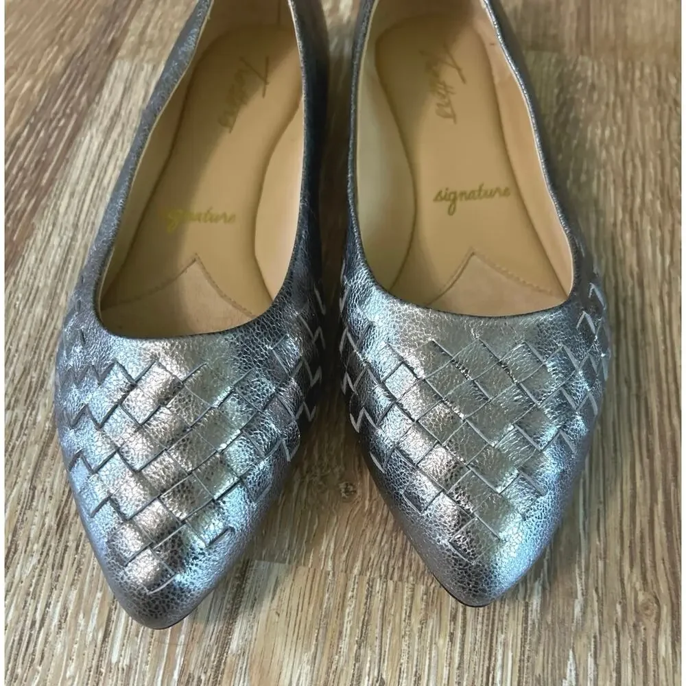 Trotters Estee Woven Leather Flats 7.5W Silver Metallic Pointed Toe Comfort